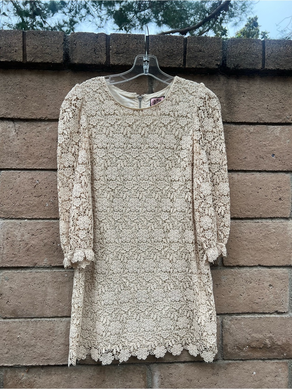 Y2K Vintage 2000s Juicy Couture Cream Floral Lace Long Sleeve Shift Dress